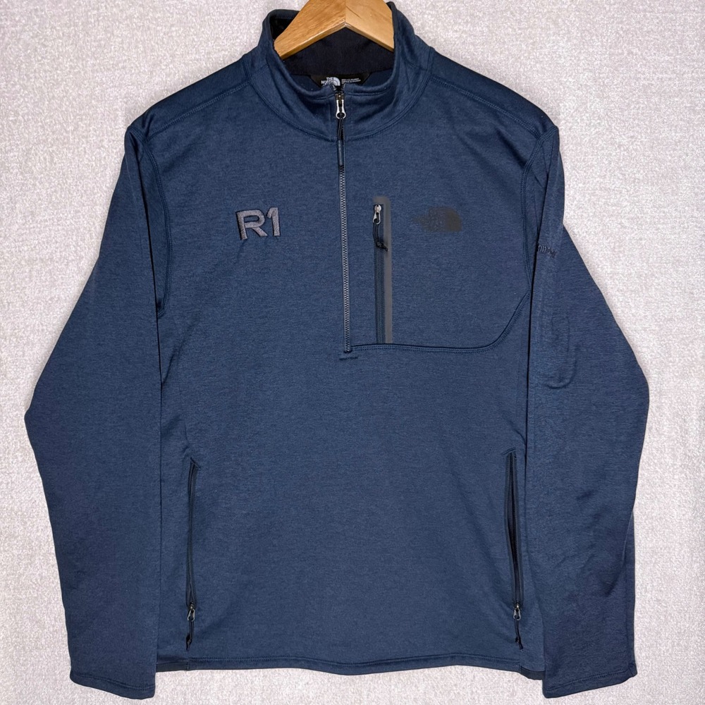 The North Face Men M Blue 1/4 Zip Fleece Pullover Stretch Jacket R1 Logo